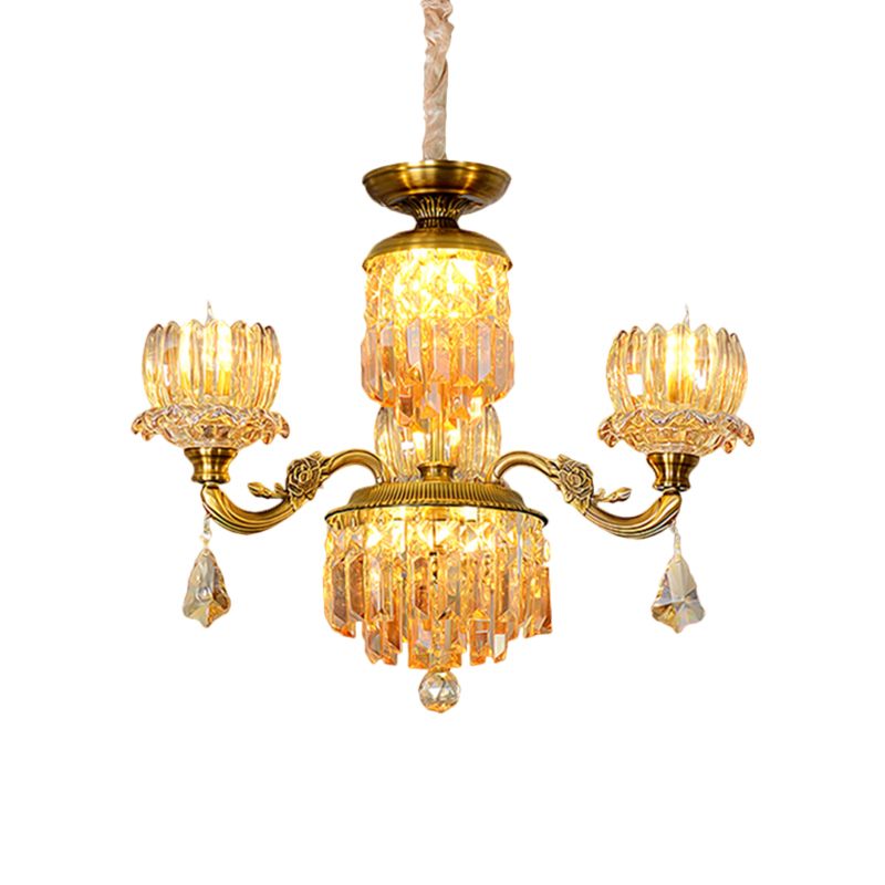 Chandelier de plafond floral du milieu du siècle 3 têtes de pendule de cristal ambre lumière en laiton