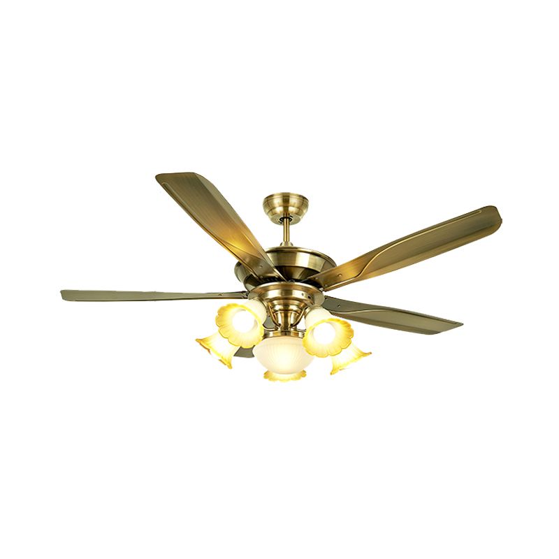 52" W 6 Bulbs Metal Semi Flushmount Vintage Brass Radial Living Room Hanging Fan Light with 5 Blades, Wall/Remote Control