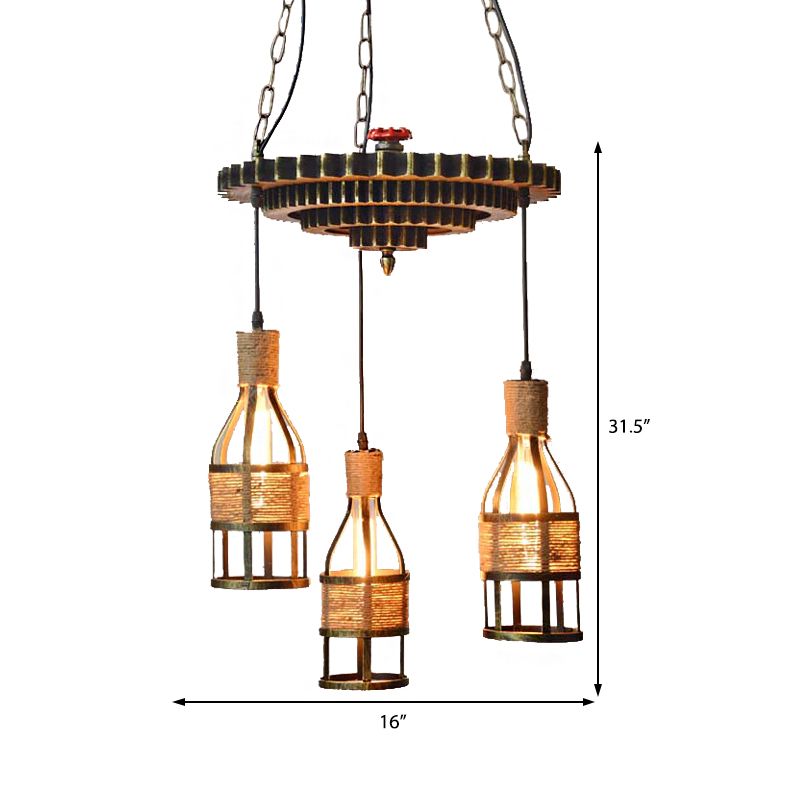 3-Light Rope and Metal Hanging Chandelier Industrial Bronze Bottle Dining Room Pendant Light Fixture with Gear