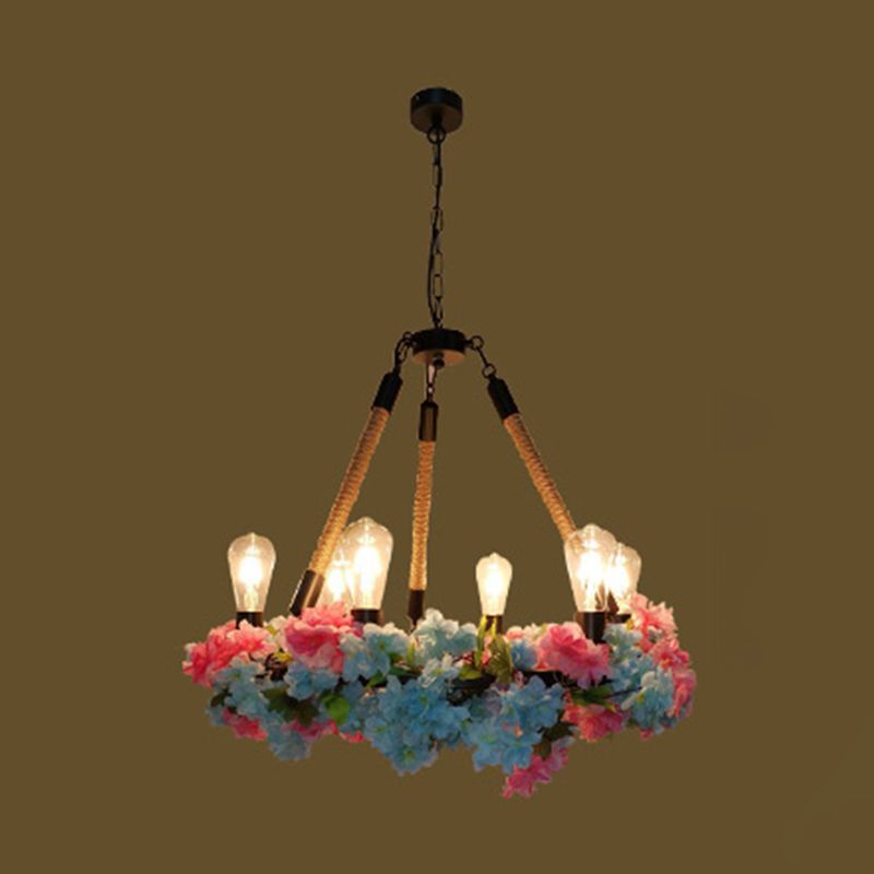 6 Bulbs Chandelier Light Industrial Exposed Bulb Metal LED Suspension Lamp in Black with Cherry Blossom