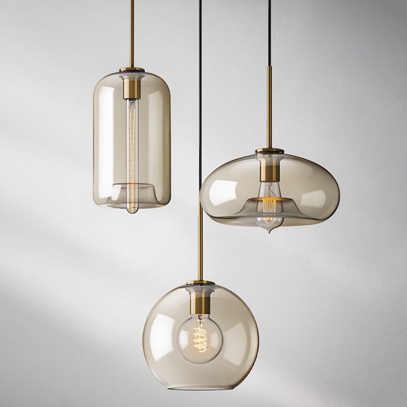 1-Light Pendant Lamp Vintage Cafe Hanging Light with Geometric Glass Shade in Brass