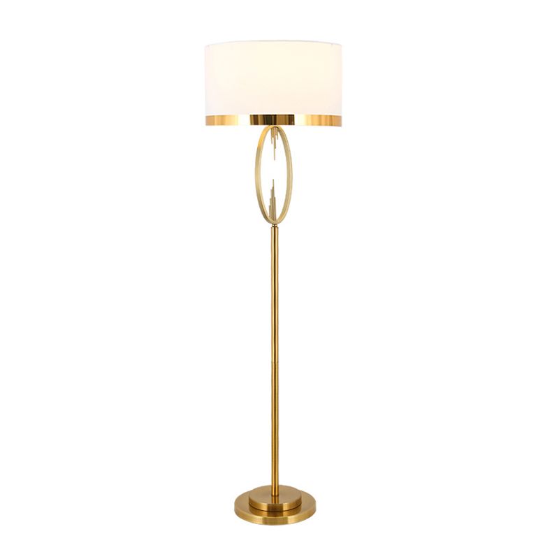 Brass Drum Stand Up Lamp Classic Fabric 1 Light Living Room Reading Floor Lighting with Circle Design