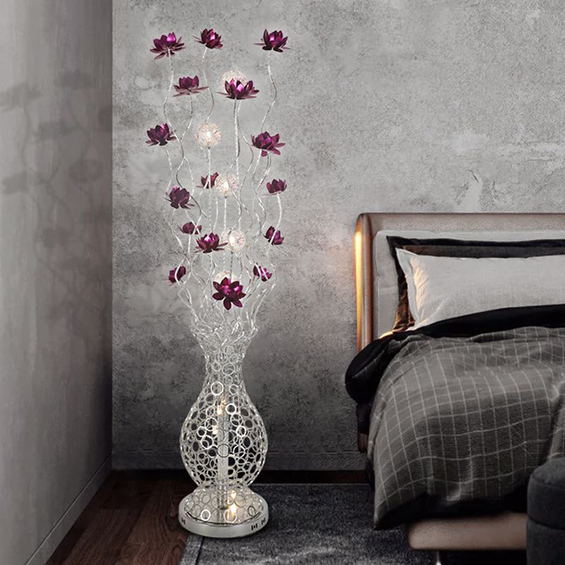 Vase Shape Aluminum Stand Up Light Decorative LED Bedroom Reading Floor Lamp with Blossom and Ball Design in Red/Purple