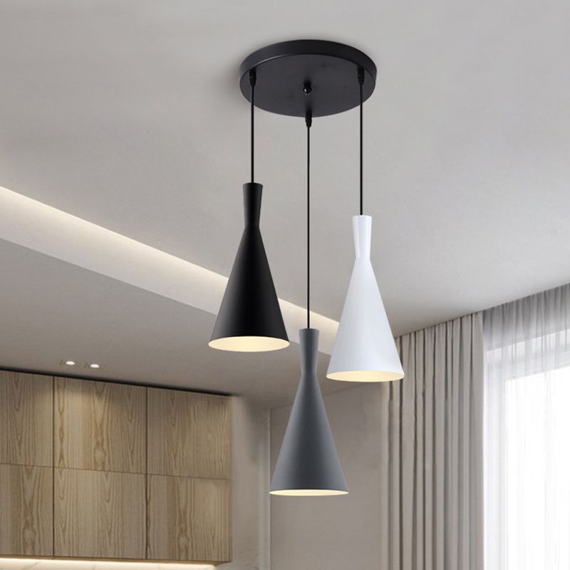 Cluster Funnel Pendant Light Nordic Aluminum 3 Heads Black-Grey-White Suspension Lighting with Round/Linear Canopy