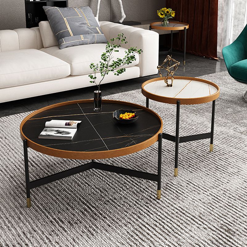 3 Legs Base Design Black Metal Base Rock Slab Top Round Coffee Table