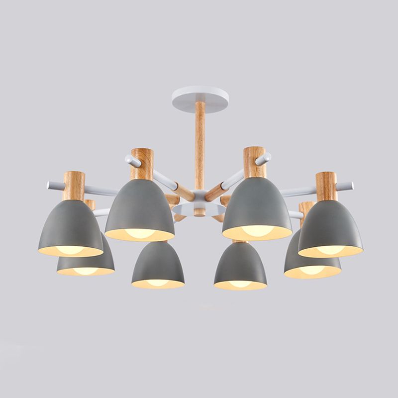 Bell Shaped Living Room Chandelier Metal Macaron Style Ceiling Hang Light with Wood Accents