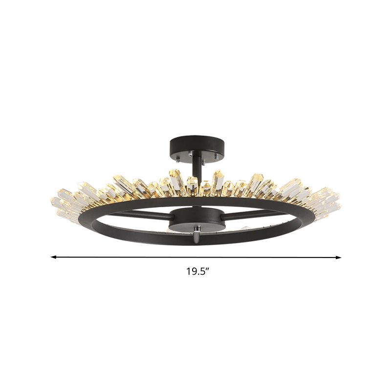 LED Semi Flush Mount Light Modern Circle Crystal Rod Ceiling Light Fixture in Black