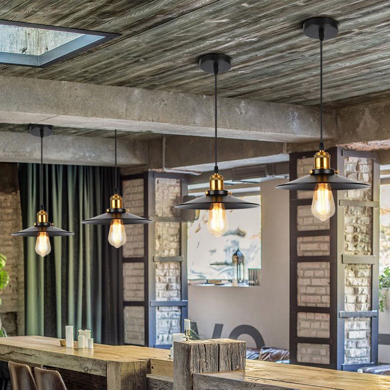 Conical Shade Iron Suspension Light Industrial Single Bulb Restaurant Hanglamp in het zwart