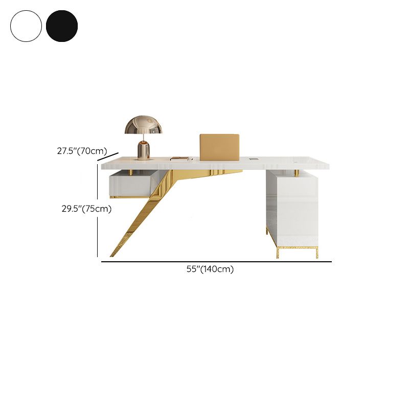 Black and White Writing Desk Glass Office Desk Pedestal with File Cabinet