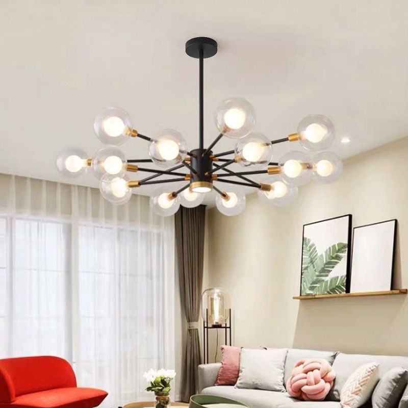 Modern Metal Radial Hanging Chandelier Light Spherical Clear Glass Shade Suspension Light  in Black