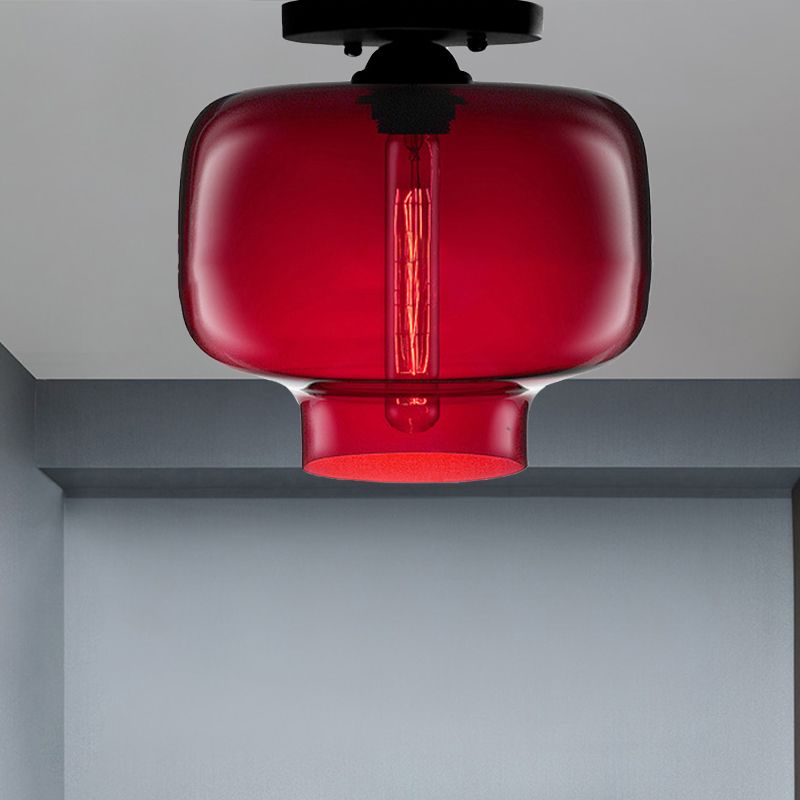 Modern Red/Sky Blue/Amber/Smoke Gray/Coffee Lantern Flushmount Light 1 Bulb Flush Mount Lamp with Glass Shade in Black