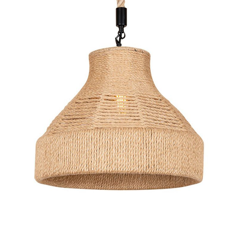 Hand-Wrapped Rope Bell Hanging Lamp Farmhouse 1 Bulb Restaurant Suspended Lighting Fixture in Brown