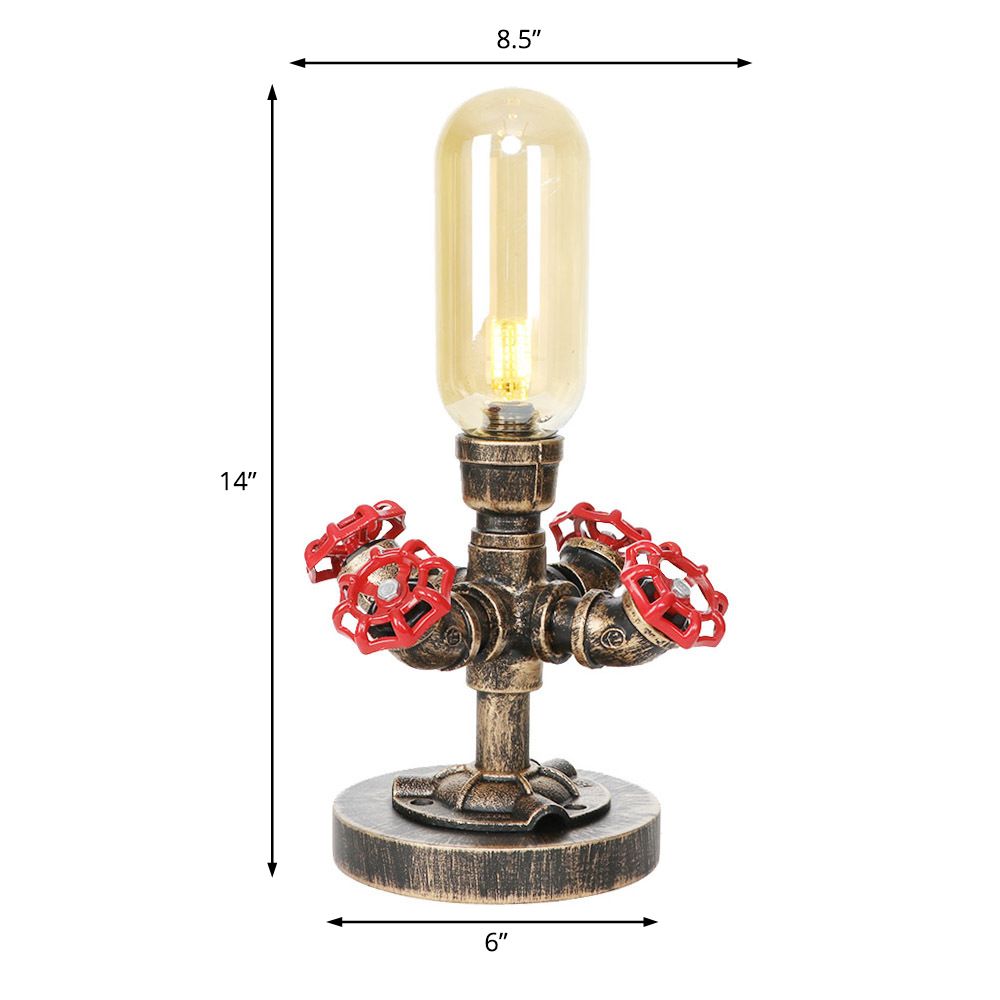 1 Light Capsule Table Light Industrial Brass Clear/Amber Glass Nightstand Lamp with Pipe Metal Base for Teahouse