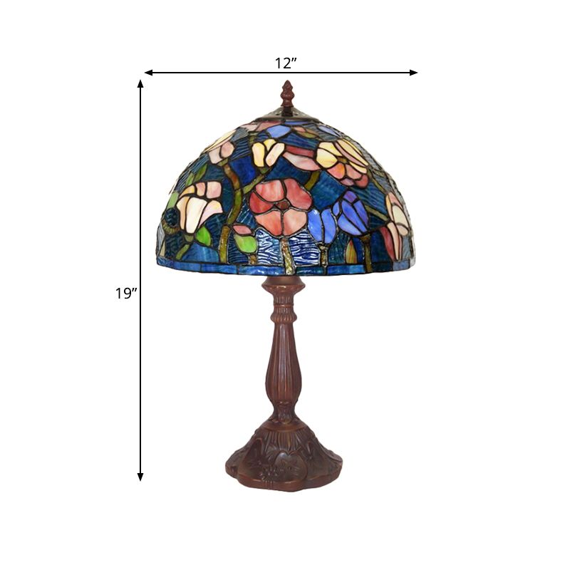 1-Light Kitchen Table Lamp Tiffany Bronze Night Light with Flower Stained Glass Shade