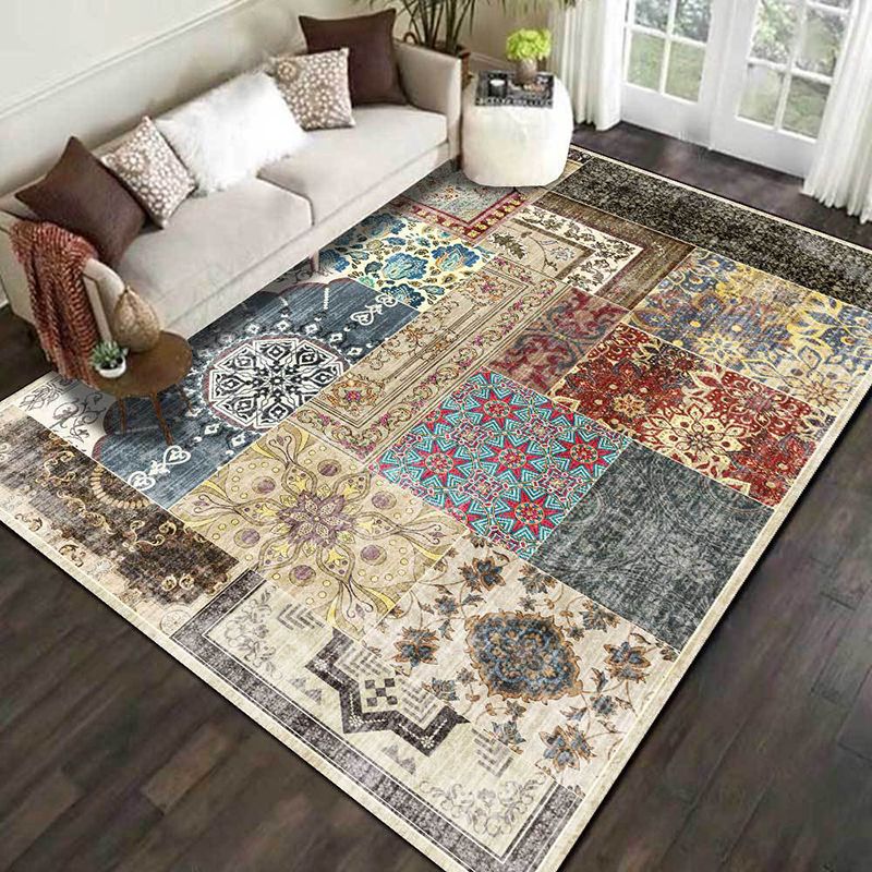 Mid-Century Moroccan Tile Pattern Rug Whitewash Antique Indoor Rug Polyester Non-Slip Backing Carpet for Home Decor