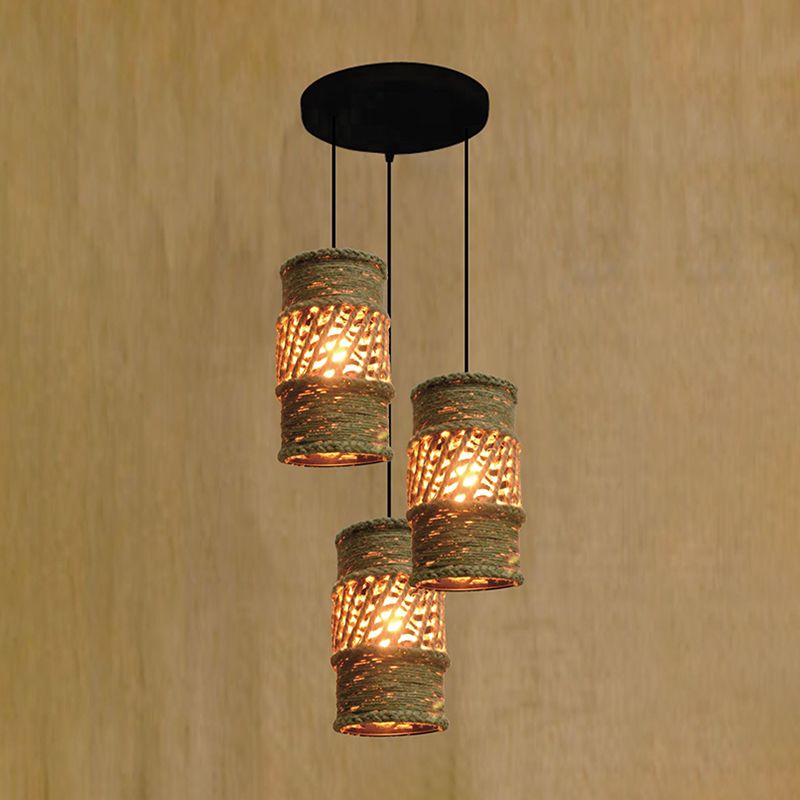 3-Head Ceiling Lighting Farmhouse Restaurant Cluster Pendant Lamp with Cylinder Rope Shade in Beige with Round Canopy