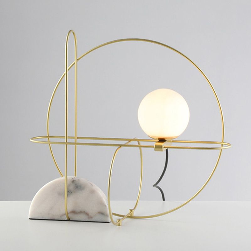 Round Metal Desk Light Modern 1 Head Gold Night Table Lamp with White Glass Shade