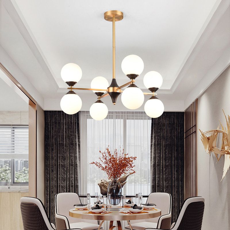 White Glass Chandelier Lighting Fixture Modern Gold Frame Chandelier Pendant Light for Living Room