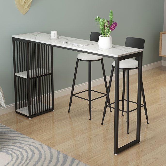 Rectangular Artificial Marble Bar Table Modern Bistro Table with Double Pedestal in Black