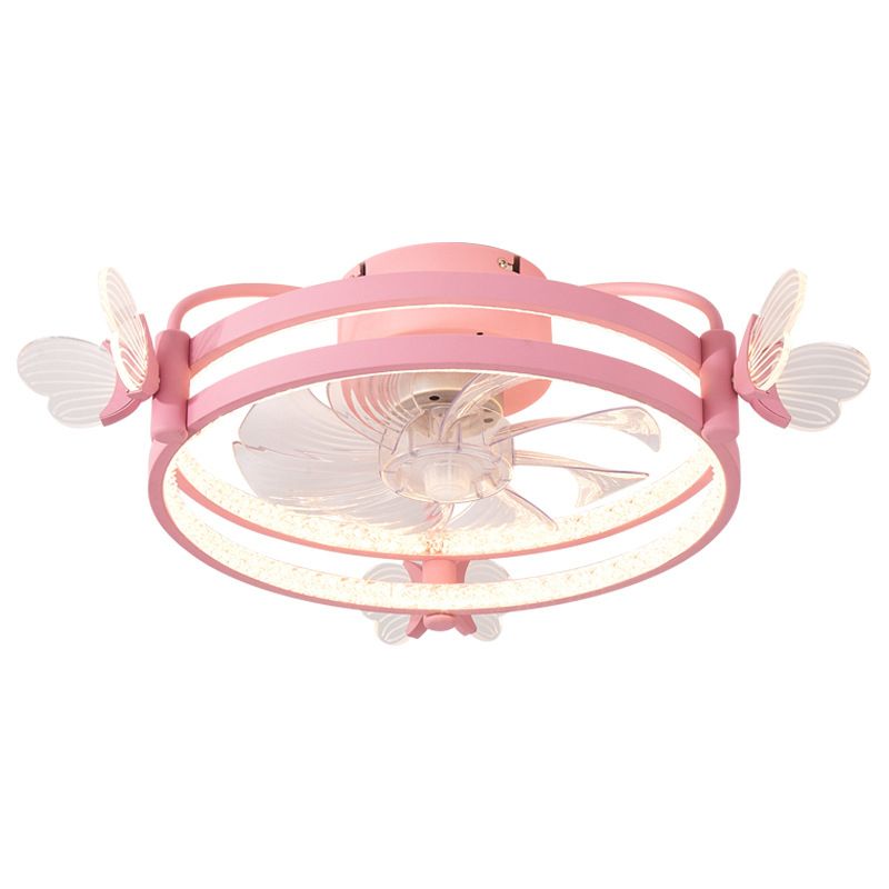 Macaron Circular Ceiling Fan Light Fixture Metal Childrens Bedroom LED Semi Flush Mount