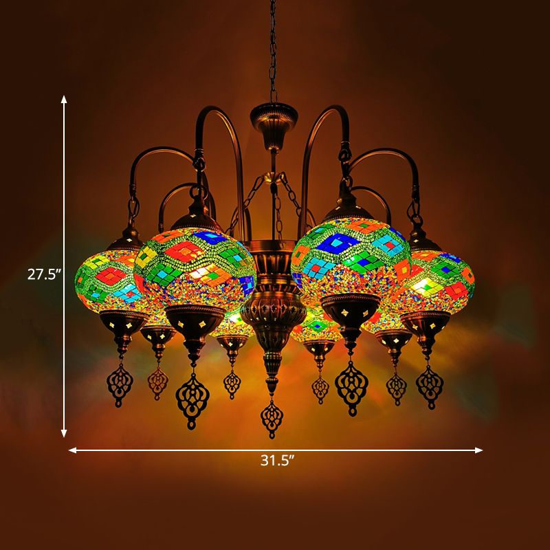 Oval Stained Glass Chandelier Light Fixture Traditional 9 Heads Dining Room Hanging Lamp Kit in Orange/Green