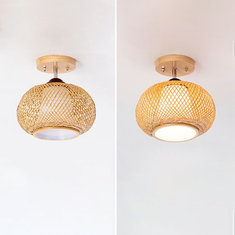 Sphere Semi Flush Mount Light Modern Rattan Ceiling Mount Chandelier for Bedroom