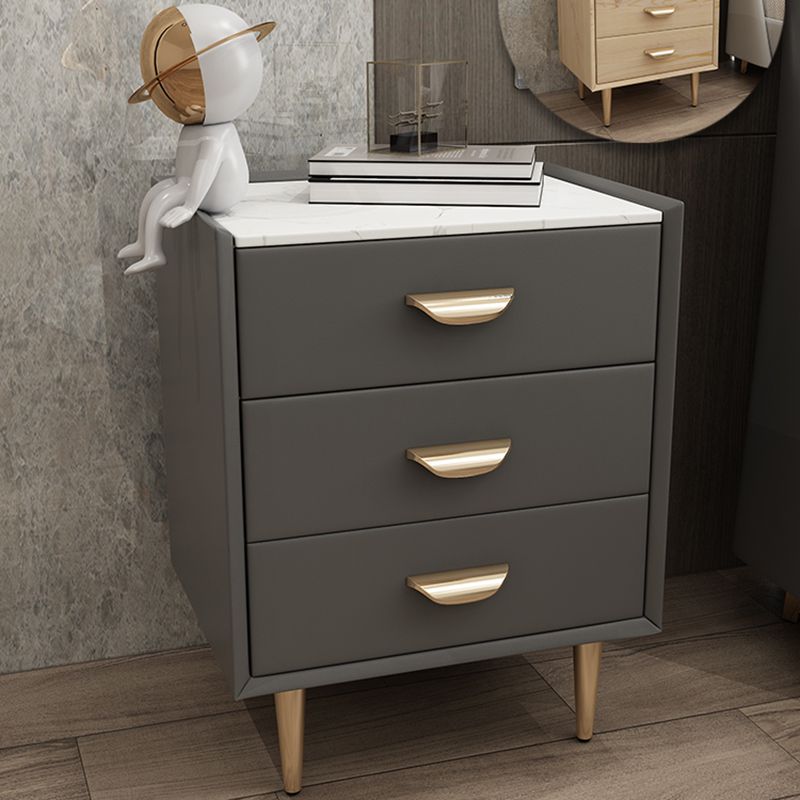 Contemporary Solid Wood Nightstand 3 - Drawer Stone Top Night Table