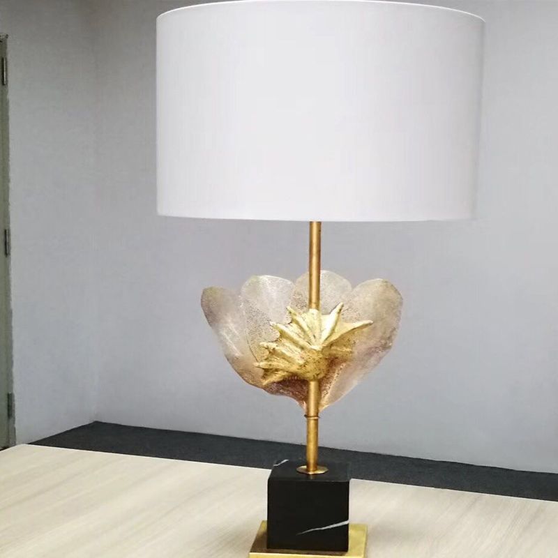 Black-Gold Drum Shade Desk Light Vintage Style Fabric 1-Bulb Living Room Nightstand Lamp