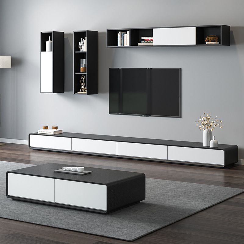 Contemporary 4-Drawer TV Console, Scandinavian TV Stand in White/ Black