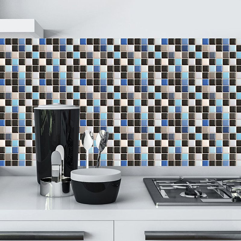 Adhesive Mosaic Tiles Wallpaper Panels in Blue-Black Contemporary Wall Covering for Kitchen