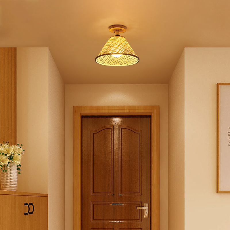 Cup Shape Ceiling Lamp Asian Style Rattan 1 Light Flush Mount for Bedroom