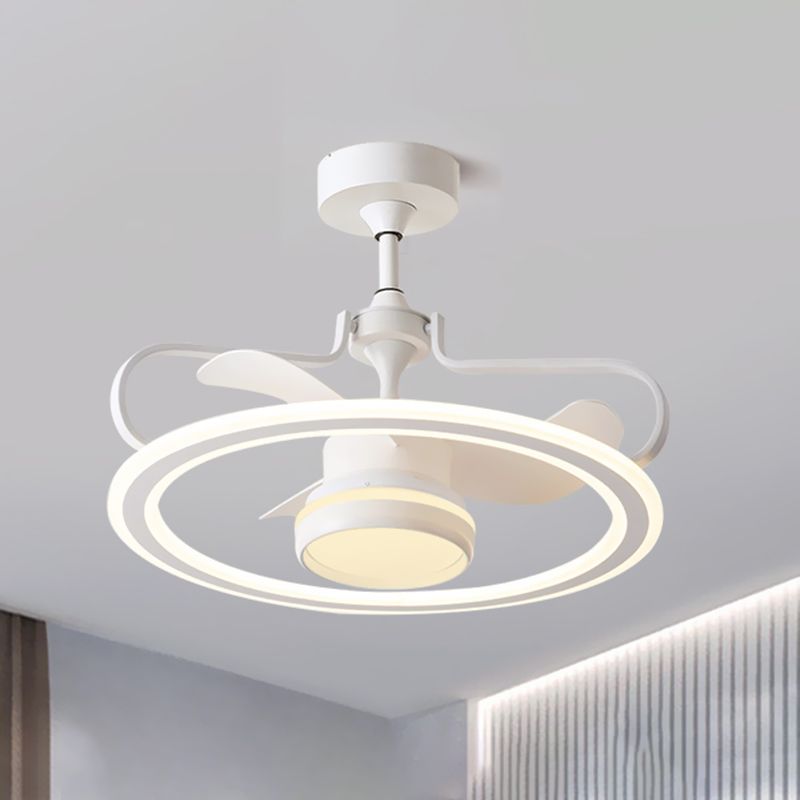 3 Blades Round Ceiling Fan Light Modernist Metal LED White Semi Flush Lamp Fixture, 23.5" Wide