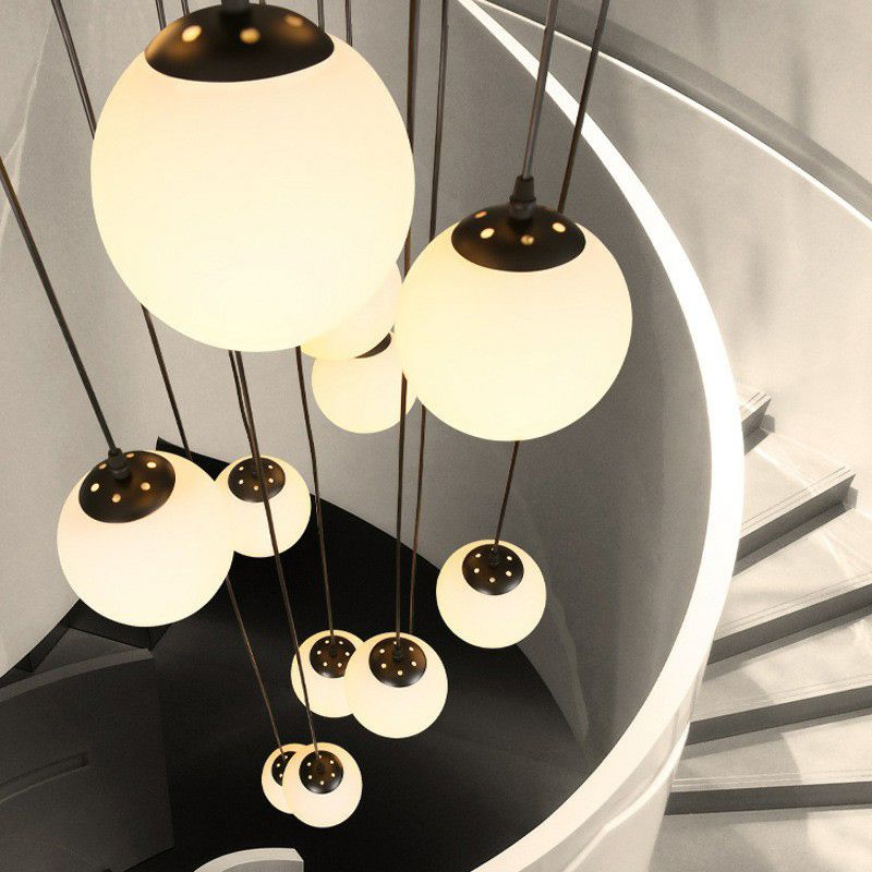 Black Globe Pendant Light Fixture Simple Cream Glass Multiple Hanging Light for Stairs