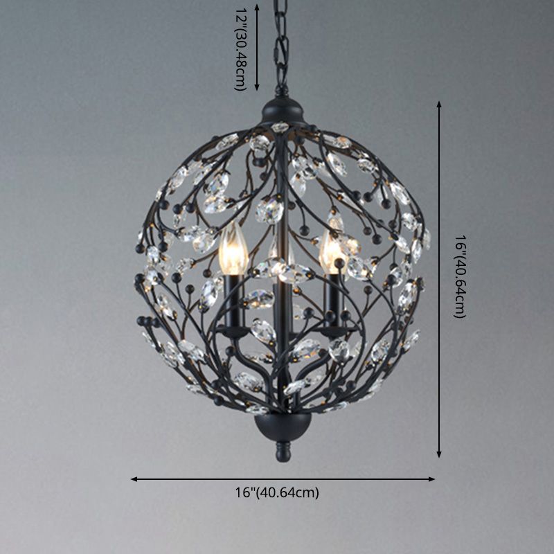 Black Globe Chandelier Pendant Light Artistic Modern 3-Light Crystal Ceiling Light