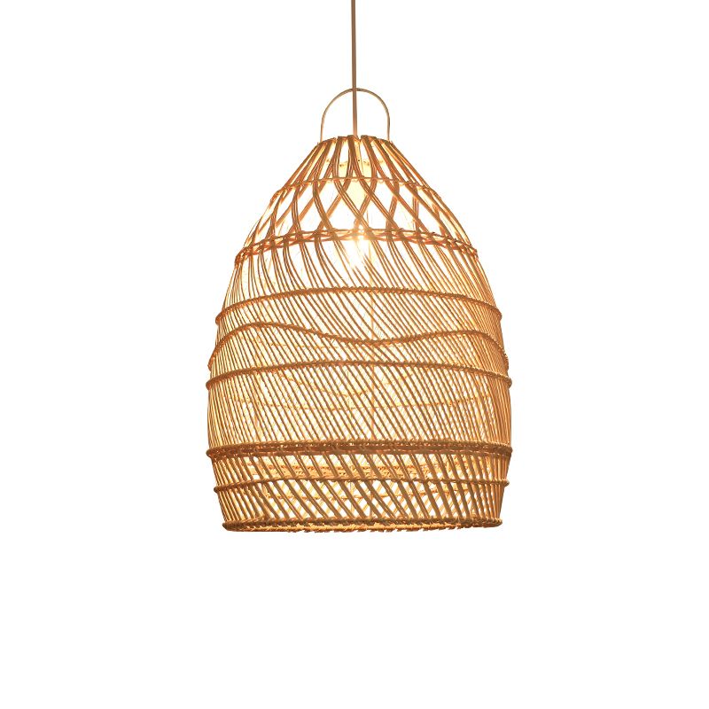 Luce a sospensione allungata in stile asiatico Rattan 1 testa a sospensione Luce a soffitto in legno