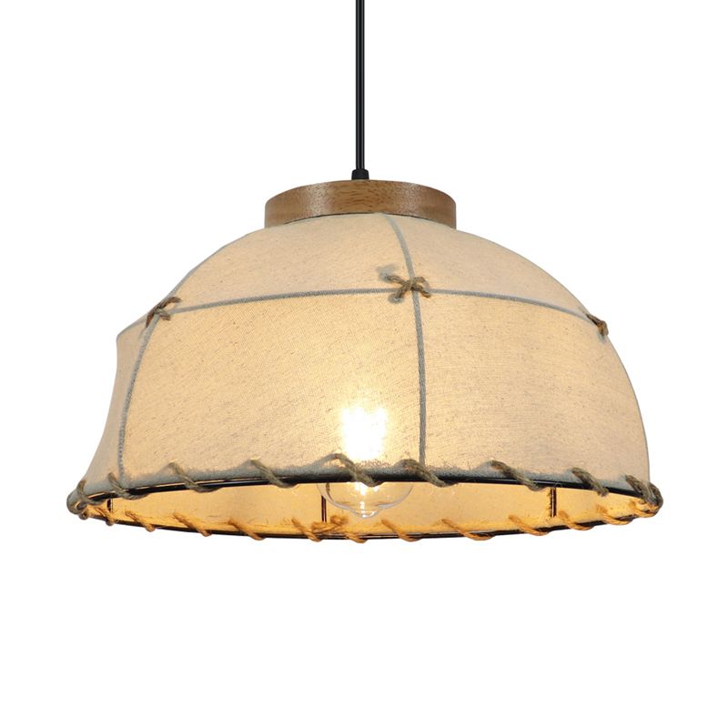 Fabric Beige Ceiling Suspension Lamp Bowl 1 Light Farm Style Pendant Light with Wooden Top, 14"/16"/18" Wide