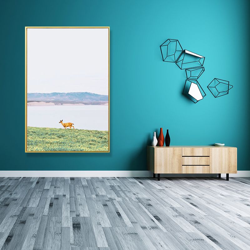 Rustic Deer on Grass Art Print Canvas Decorative Green Wall Decor for Great Room