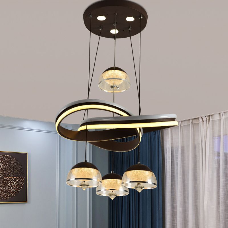 Domed Dining Room Cluster Pendant Acrylic 4 Heads Modernism LED Hanging Ceiling Light in Black with Strip Beam