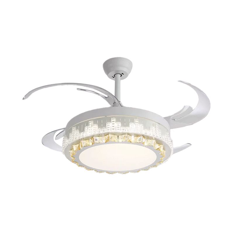 Nordic Round 4-Blade Semi Flush Light Fixture Crystal Living Room LED Hanging Fan Lamp in White, 19" Wide