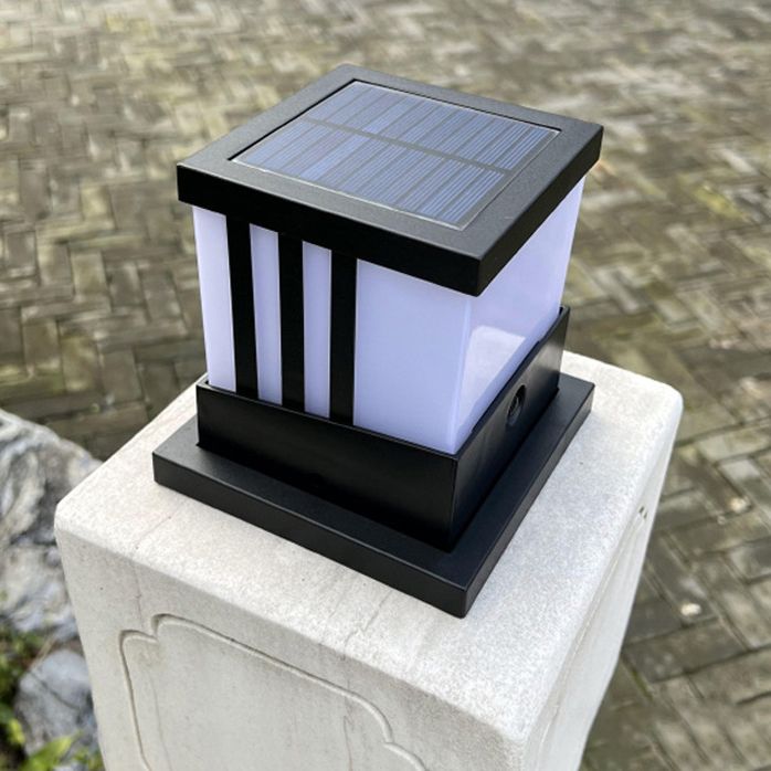 Solar Square Outdoor Lights Black Metal Waterproof Pillar Lamp for Garden