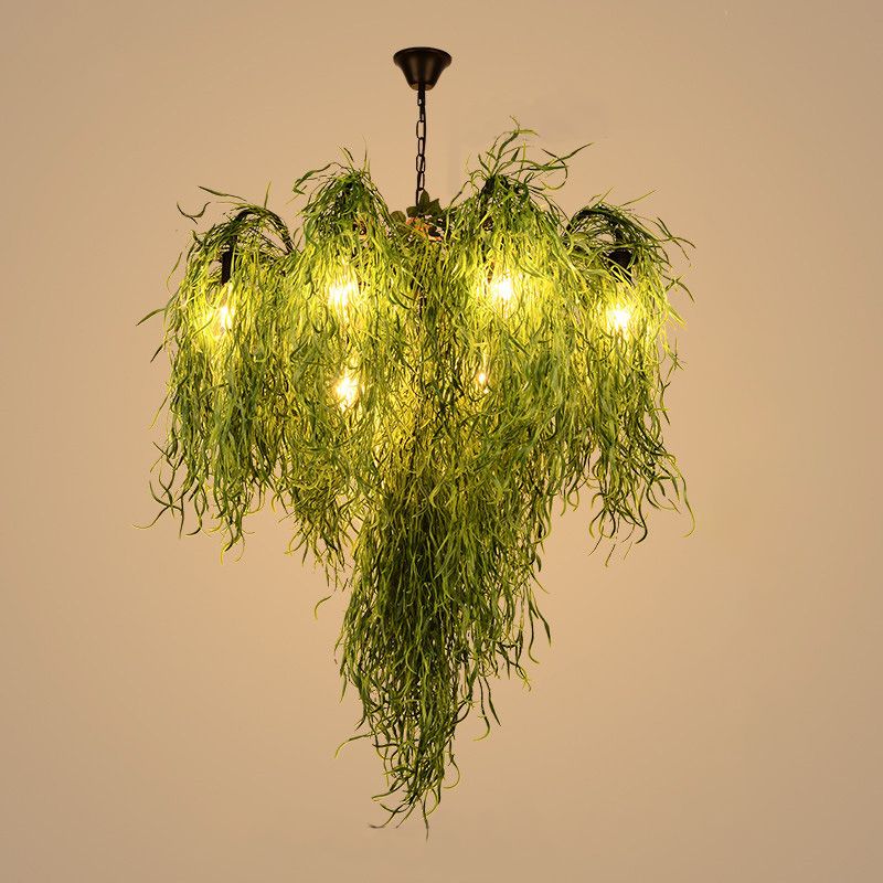 8/14 Lights Iron Chandelier Lighting Industrial Green 1/2-Tier Restaurant Plant Suspension Pendant Light