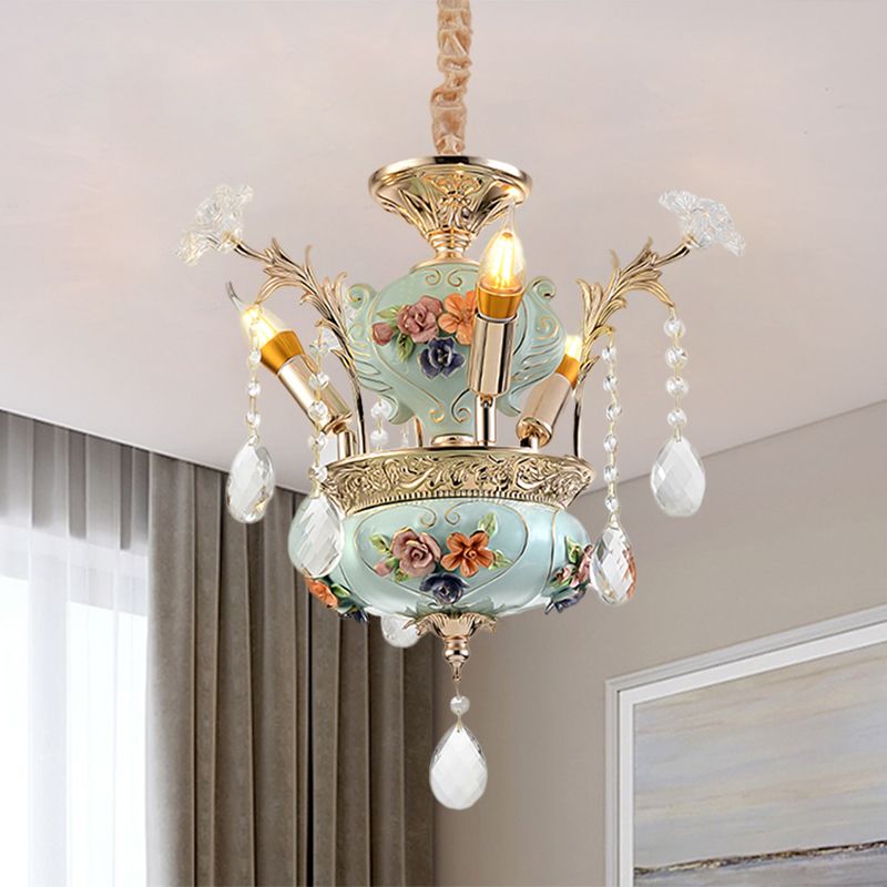 Ceramics Candelabra Suspension Lamp Contemporary 3 Bulbs Dining Room Hanging Chandelier in Blue with Crystal Accent