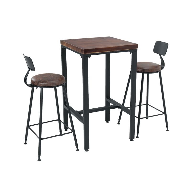 Industrial Brown Pine Bar Dining Table Square Indoor Bistro Table with Trestle Pedestal