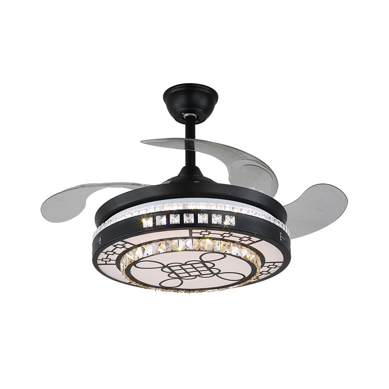 4 Blades LED Round Semi Flush Modern Black Finish Clear Square Crystals Hangende ventilatorlicht, met Chinese knoop/bloem/half cirkelvormig patroon, 19 breed