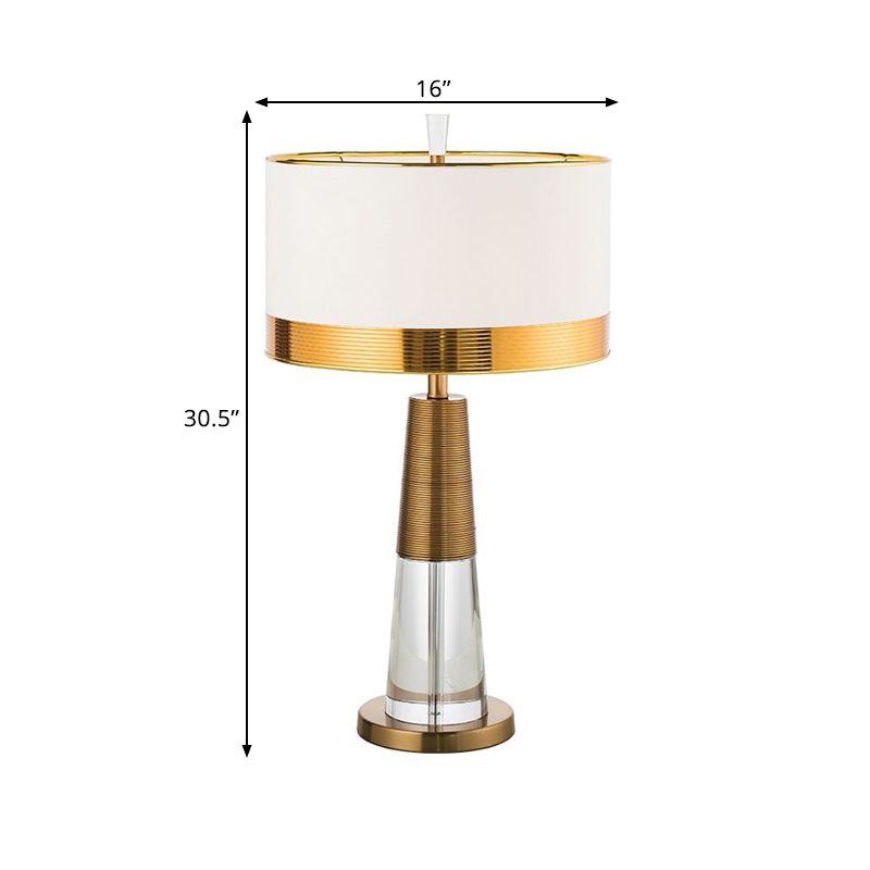 1 Head Table Lamp Contemporary Drum Fabric Shade Nightstand Light in White with Clear Crystal Base