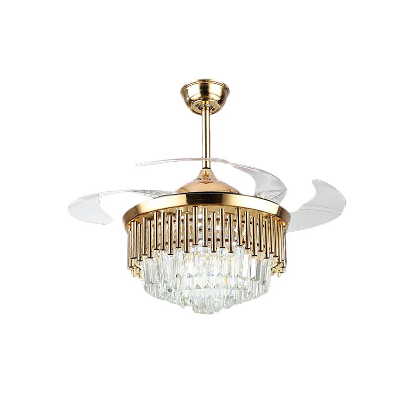 Black/Gold Layered Drum Fan Lamp Postmodern Crystal 3-Blade Dining Room LED Semi Flush Light, 19" Wide