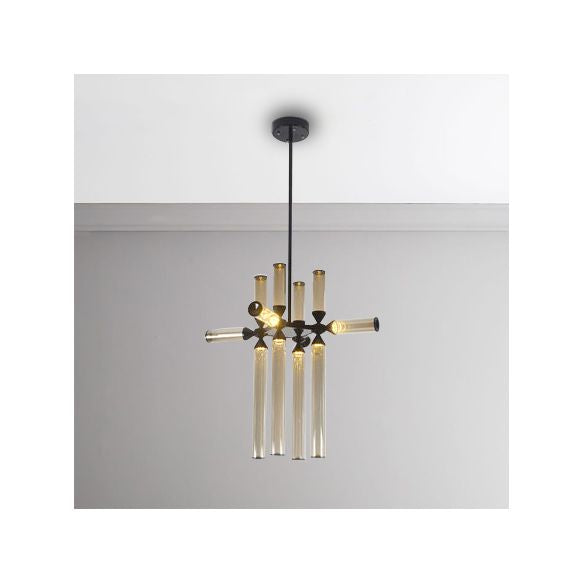 Cylinder Hanging Chandelier Contemporary Metal 9/12/18 Lights Black Pendant Lamp with White/Chrome/Amber Glass Shade