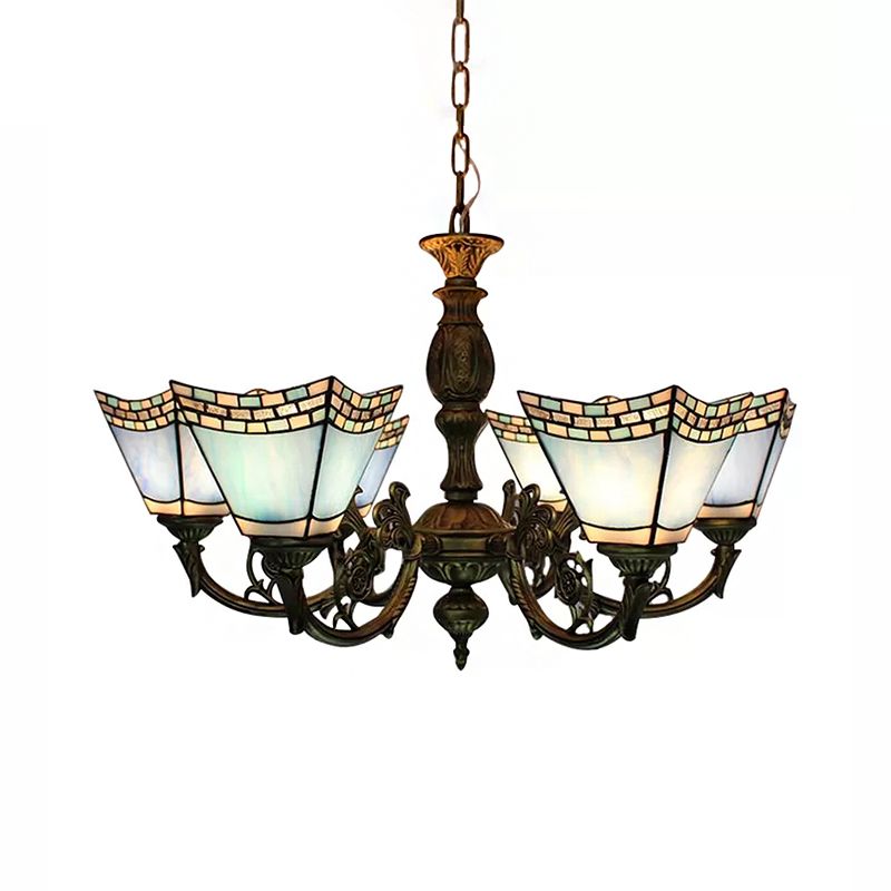 Chandeliers for Dining Rooms with Chain, 6 Lights Geometric Hanging Fixture with Art Glass Shade Tiffany Style