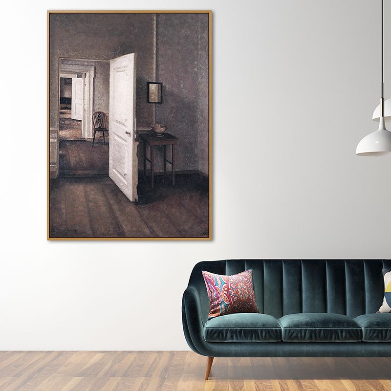 Grey House Interior View Painting Textured Traditional Sitting Room Wall Art