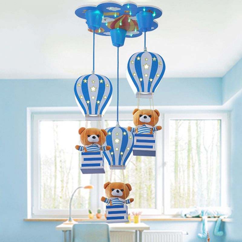 Contemporary Bear Pendant Light Wood 3 Lights Hanging Lamp for Baby Girls Boys Bedroom